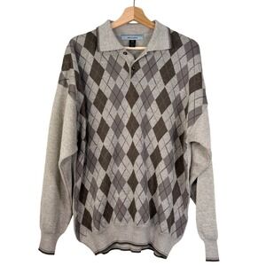 Vtg‎ Cellinni Mens Argyle Merino Wool Sweater Tan Made in Italy Polo Collar L
